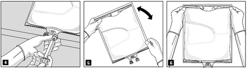 Mano che apre una busta di plastica trasparente con una cerniera, freccia nera indica il movimento di apertura