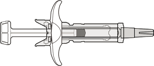 Siringa preriempita con stantuffo a molla e ago protetto da cappuccio di sicurezza trasparente