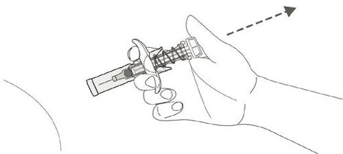 Mano che impugna una penna per iniezione con ago inserito nella pelle e freccia che indica la direzione