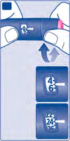 Dispositivo autoiniettante blu con numeri 0-9 e frecce direzionali per indicare l