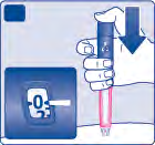 Penna iniettabile con ago trasparente e numeri 0-7 indicati sul display e freccia verso il basso