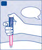 Mano che tiene una penna per iniezione blu e rossa con ago esposto sopra una superficie cutanea chiara