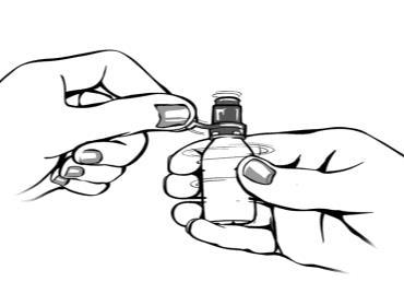 Mani che aprono un flaconcino di vetro con un coperchio di plastica blu, preparazione all