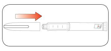 Penna iniettabile con ago protettivo scorrevole indicato da una freccia rossa verso il corpo della penna