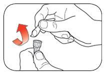 Mano che ruota un cappuccio grigio a forma di cono su un dispositivo medico, freccia rossa indica il movimento rotatorio