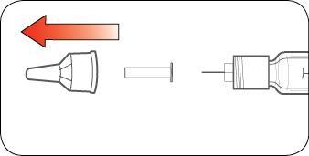 Adattatore con punta conica, cilindro e corpo della siringa collegati, freccia rossa che indica la direzione di montaggio