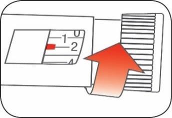 Penna iniettabile con scala graduata da 1 a 2 e freccia rossa che indica la regolazione del dosaggio