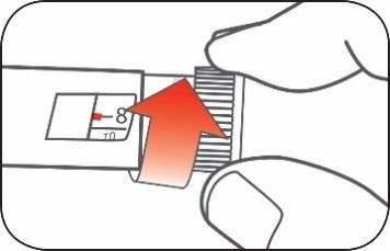 Penna iniettabile con indicatore numerico 8 e freccia rossa che punta verso la regolazione della dose