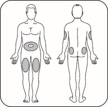 Schema corporeo con aree grigie che indicano possibili siti di applicazione del farmaco su addome, fianchi e cosce