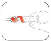 Siringa con ago e spirale rossa che indica la direzione di rotazione per il fissaggio del dispositivo