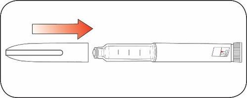 Penna iniettabile con ago separato e freccia arancione che indica la direzione di inserimento
