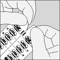 Confezione blister con otto compresse ovali e frecce nere che indicano la direzione di estrazione