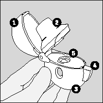 Dispositivo autoiniettante aperto con cappuccio rimosso e area di presa evidenziata dai numeri 1-6