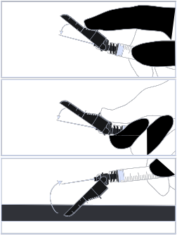 Siringa con ago che mostra diverse angolazioni di inserimento sottocutaneo e intramuscolare con frecce illustrative