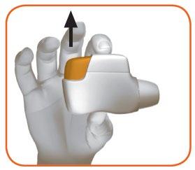 Mano che tiene un dispositivo medico bianco e arancione con una freccia nera che indica la parte superiore