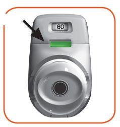 Dispositivo medico con display digitale che indica il numero 60 e una luce verde accesa freccia nera indica la parte superiore