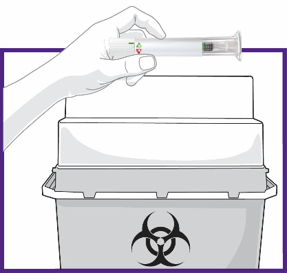 Mano che tiene una penna per iniezione sopra un contenitore per rifiuti speciali con simbolo biohazard visibile