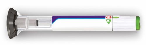 Penna per iniezione preriempita trasparente con parti blu, verdi e nere e un pulsante di rilascio rosso