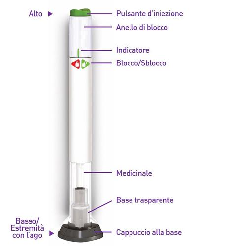Penna iniettabile bianca con indicatore, anello di blocco, medicinale e base trasparente con cappuccio nero