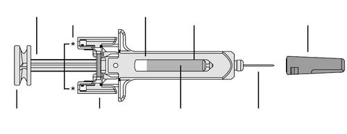 Siringa schematica con pistone, ago, protezione e indicazioni numeriche sui componenti strutturali
