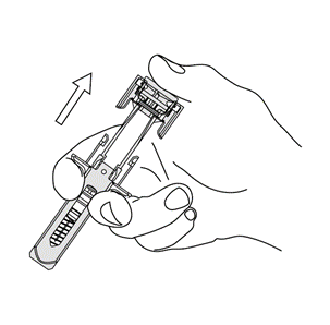 Dispositivo autoiniettore penna con cartuccia inserita tenuto in mano, freccia indica direzione di attivazione