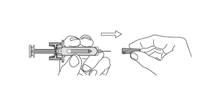 Siringa pre-riempita con ago inserito e mano che tiene il dispositivo protettivo per la rimozione sicura