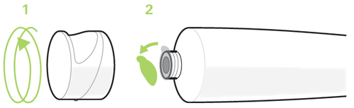 Fiala con tappo e cilindro di una siringa collegati da frecce verdi che indicano il movimento di inserimento