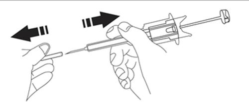 Mano che tiene una siringa preriempita con ago inserito nella pelle, frecce indicano rotazione e avanzamento per l