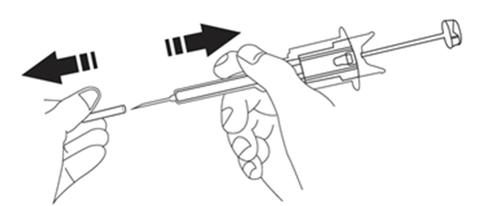 Siringa con ago che viene spinta in avanti da una mano, frecce nere indicano la direzione del movimento e del pistone
