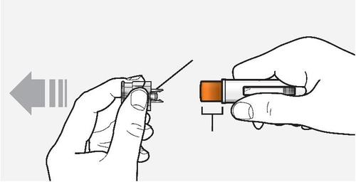 Mano che tiene un dispositivo di iniezione con ago esposto e freccia che indica la direzione di estrazione