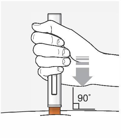 Mano che tiene un dispositivo per iniezione con ago posizionato perpendicolarmente sulla pelle indicando un angolo di 90 gradi