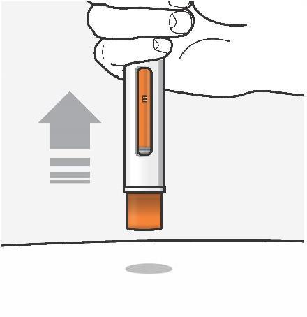 Penna per iniezione con parte arancione in basso e freccia grigia che indica la pressione verso il basso