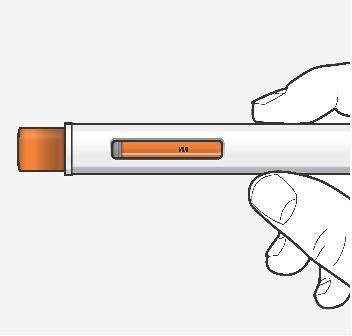 Penna per iniezione con indicatore di dose arancione e finestra di visualizzazione tenuta in mano