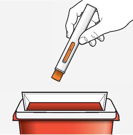 Penna iniettabile bianca e arancione puntata verso un contenitore rosso per oggetti appuntiti