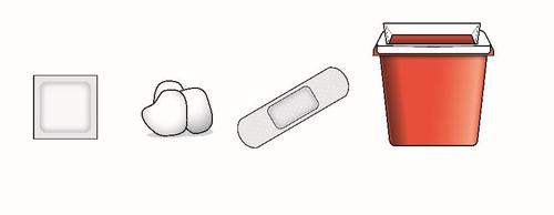 Tamponi di cotone, cerotto adesivo, compressa sterile quadrata e contenitore rosso per oggetti appuntiti disposti in fila