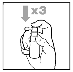 Mano che stringe un dispositivo penna con due fiale collegate e una freccia verso il basso con la scritta x3