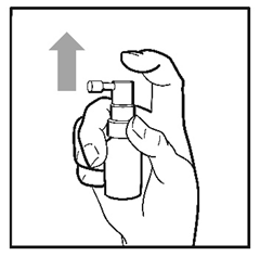 Mano che tiene un vaporizzatore nasale bianco e trasparente con freccia grigia direzionale verso l