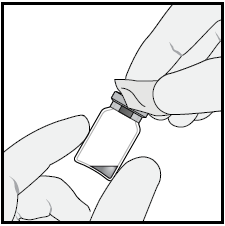 Mani che tengono un flaconcino di vetro trasparente con un tappo nero e una fascia grigia superiore