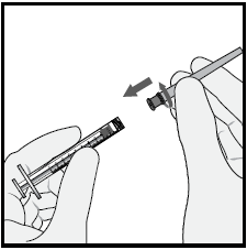 Mano che fissa un ago alla siringa premendo e ruotando il connettore con una freccia che indica il movimento