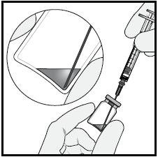 Mano che tiene una siringa con ago sopra un flaconcino di medicinale liquido e un cerchio ingrandito mostra l