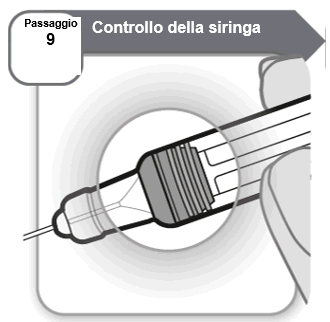 Dettaglio di una siringa con ago trasparente inserito, vista ravvicinata del meccanismo di controllo e rilascio del farmaco