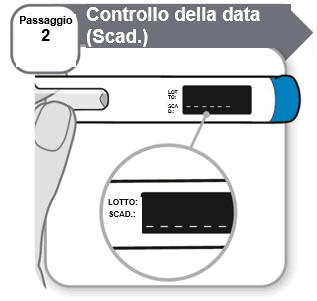 Penna iniettore blu e bianca con indicatore di data e lotto ingrandito in un cerchio grigio