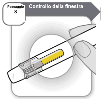 Penna iniettabile con ago trasparente e stantuffo giallo parzialmente estratto afferrata da una mano guantata