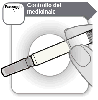 Mano che tiene una siringa preriempita con ago trasparente inserito in un tappo di gomma circolare grigio chiaro