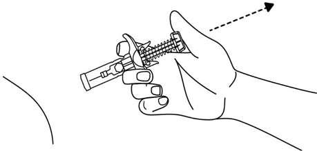 Mano che tiene un autoiniettore con ago rivolto verso il braccio e freccia che indica la direzione di iniezione