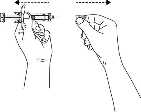 Mano che tiene un dispositivo di iniezione pre-riempito e un ago, mostrando il collegamento e la preparazione per l