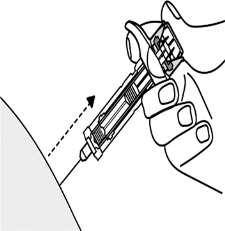 Mano che tiene una siringa preriempita con ago inserito nella pelle ad angolo, freccia indica la direzione di iniezione sottocutanea