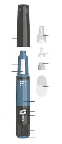 Penna per iniezione con componenti separati: corpo blu, cartuccia trasparente, aghi bianchi e tappo protettivo nero