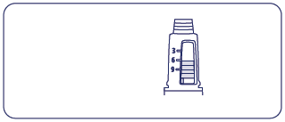 Dispositivo inalatore blu con indicatore di dose graduato da 3 a 9 unit&agrave; e base bianca