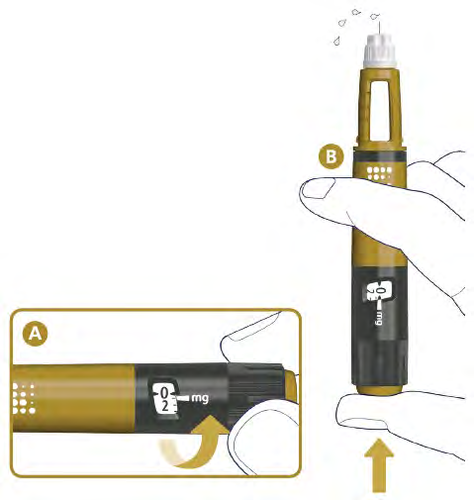 Penna per iniezione gialla con indicatore di dose e freccia che mostra la regolazione del dosaggio tra 0 e 2 mg tenuta in mano
